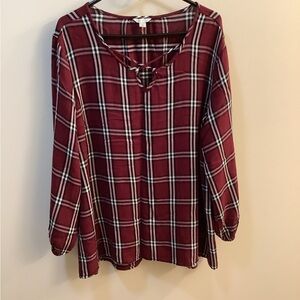 Cato Burgundy Plaid 3/4 sleeve Blouse